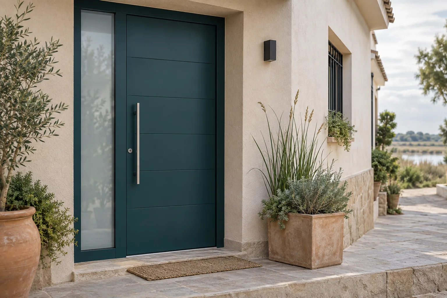 Puerta exterior de aluminio verde azulado en una vivienda de Catarroja