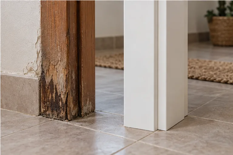 Comparación entre madera afectada por agua y un marco nuevo