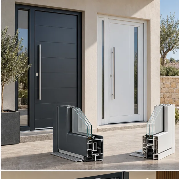 Puertas exteriores de aluminio y PVC con muestras de perfiles