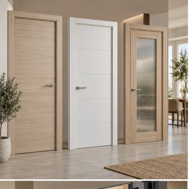 Puertas interiores en fresno, blanco y vidrio estriado