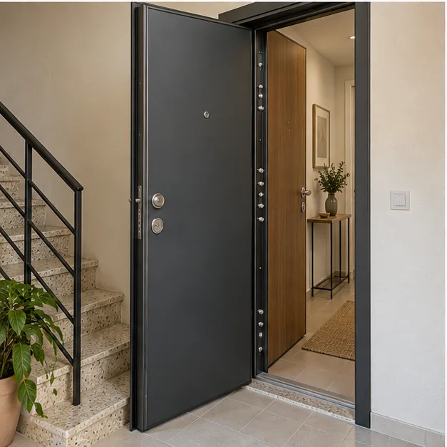 Puerta blindada con hoja de madera y cierre multipunto visible
