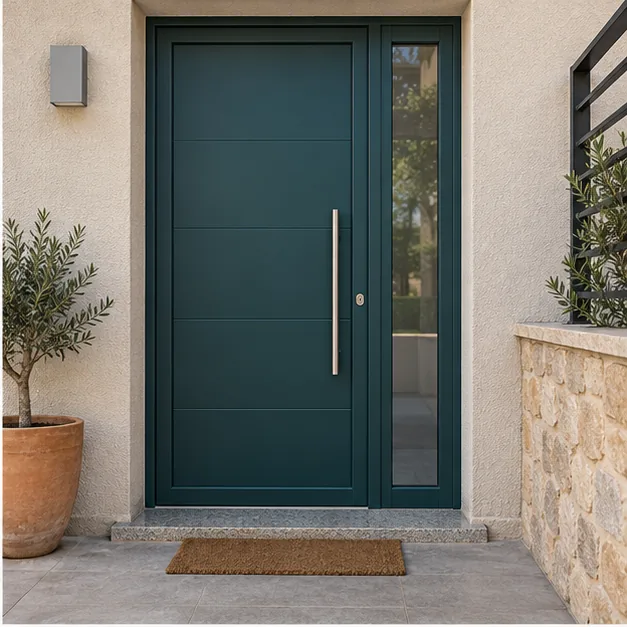 Puerta exterior azul en una vivienda de estilo mediterráneo