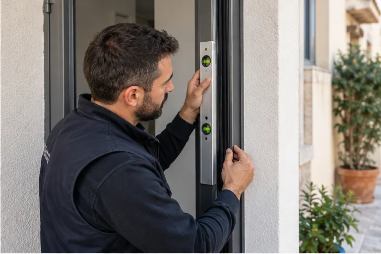 Técnico revisando el sellado y la alineación del marco de una puerta